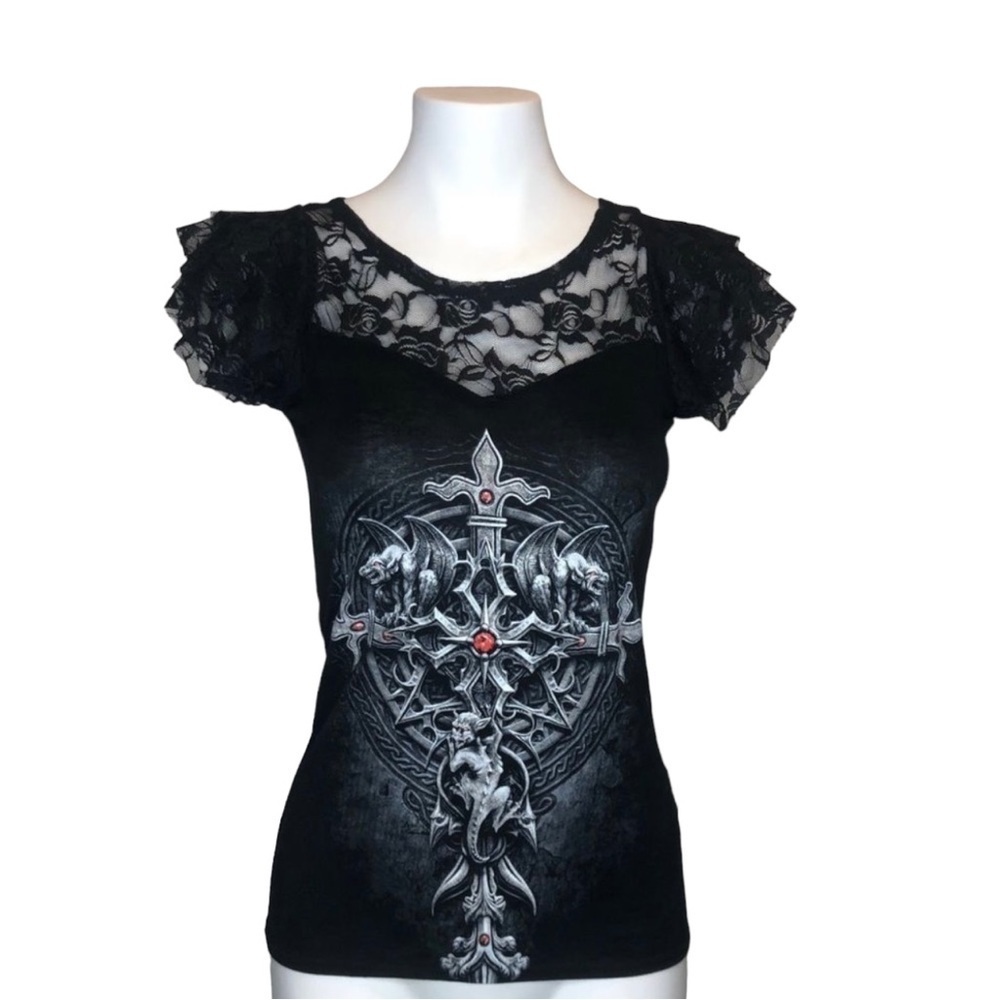 Spiral Black Lace Ruffle Lace Shirt Size Small